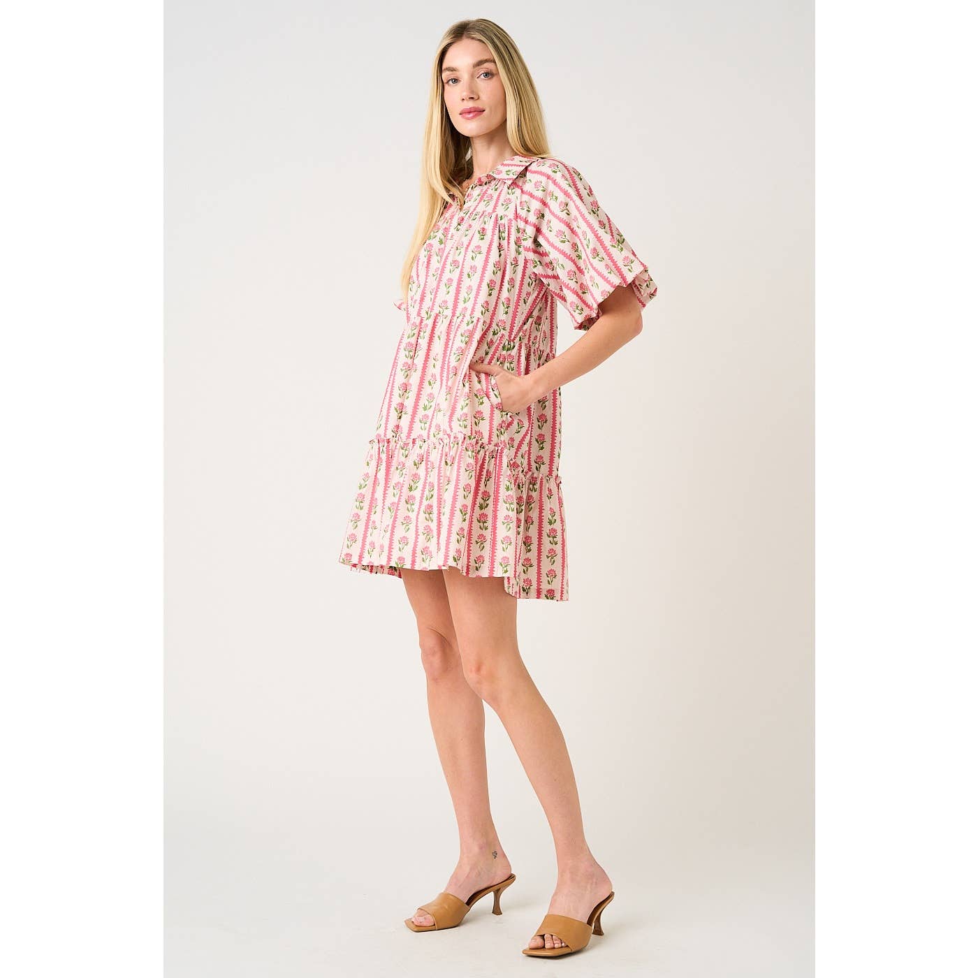 FLORAL STRIPE PRINT TIERED MINI SHIRT DRESS