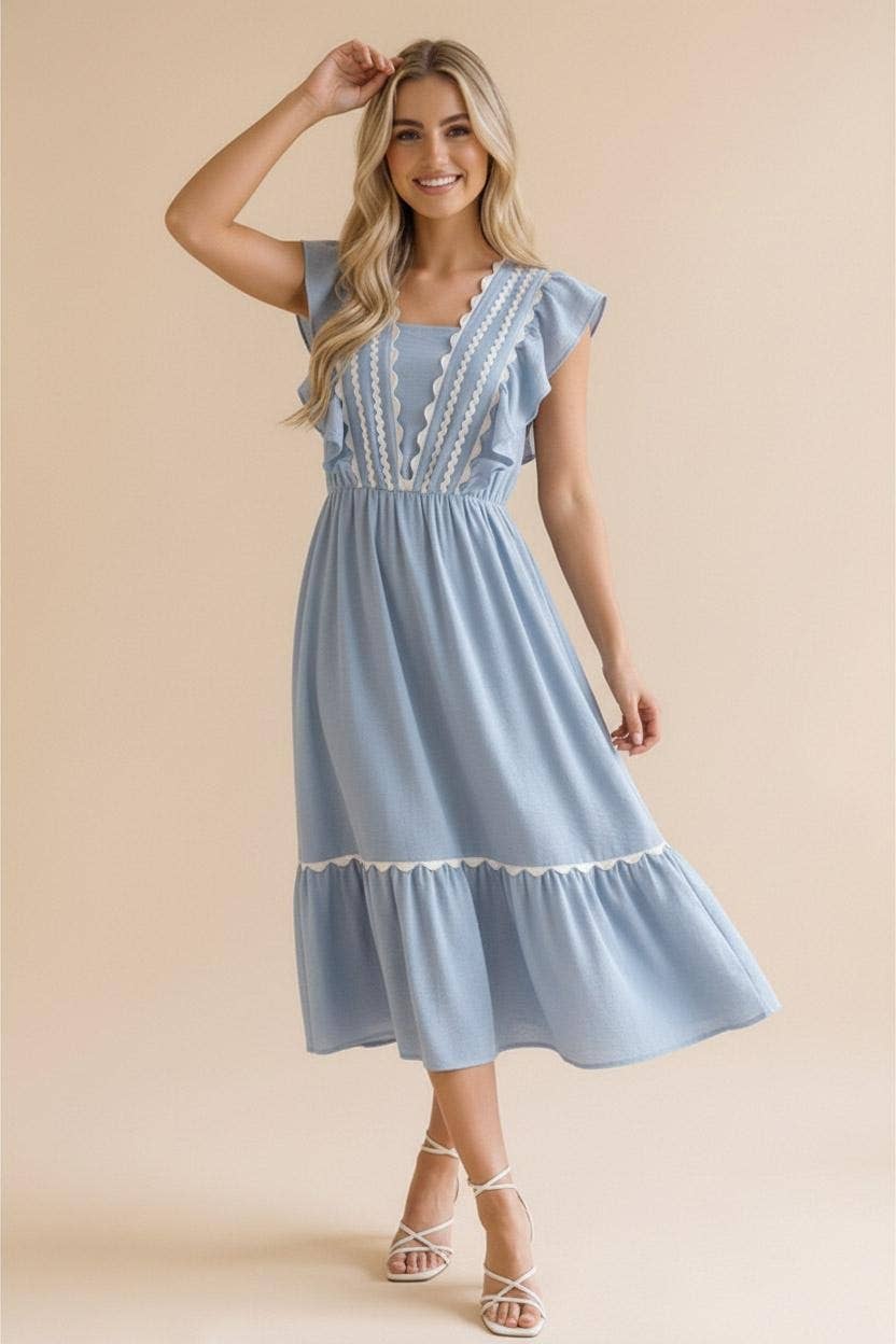 Ric Rac Ruffle Short Sleeve Midi Woven Dress