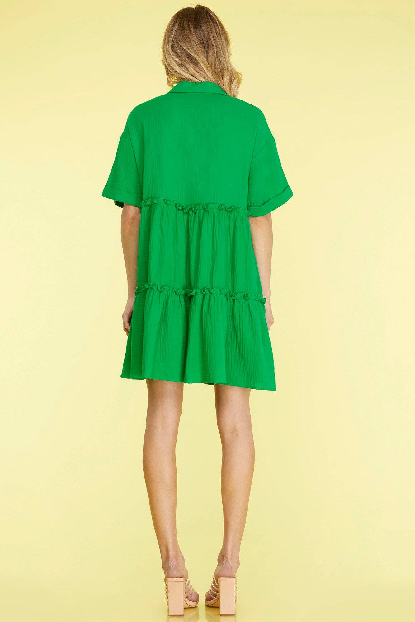 HALF SLEEVE BUTTON DOWN COLLARED TIERED GAUZE DRESS