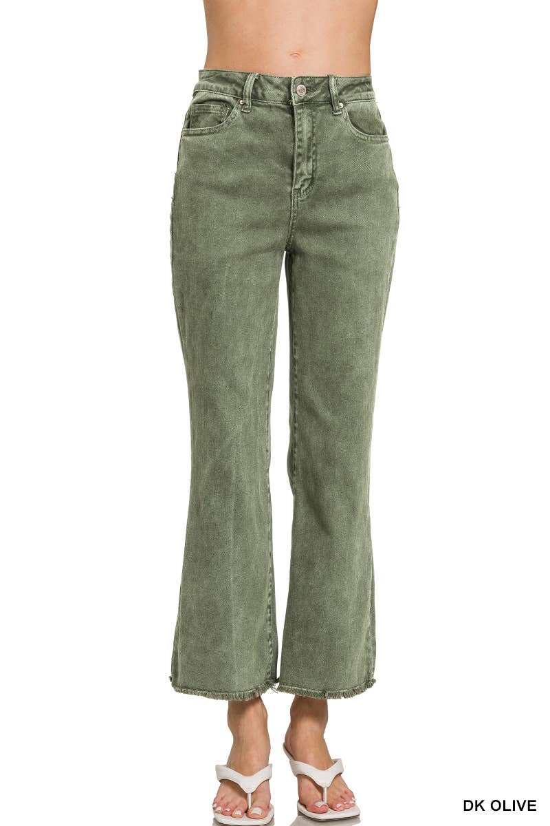 `Acid Wash High Waist Frayed Hem Bootcut Denim Pants Zenana