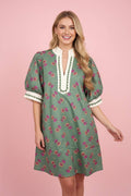 HD50243 Floral Puff Sleeve Split Neck Shift Mini Dress