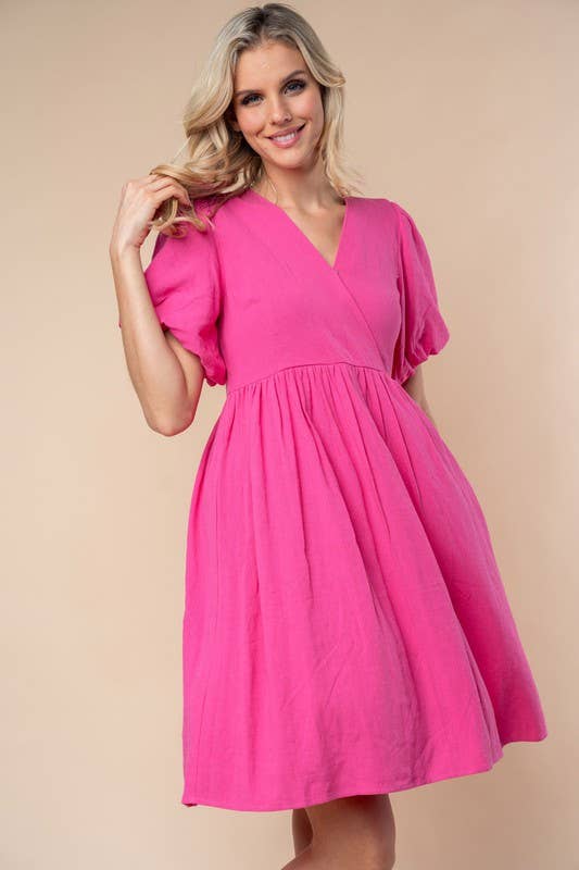 D90627 Short Sleeve Solid Woven Dress