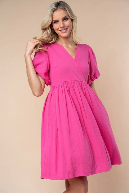 D90627 Short Sleeve Solid Woven Dress