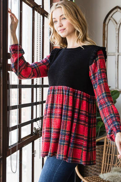 ET6757-13 SOLID AND MULTI COLOR PLAID BABYDOLL TOP