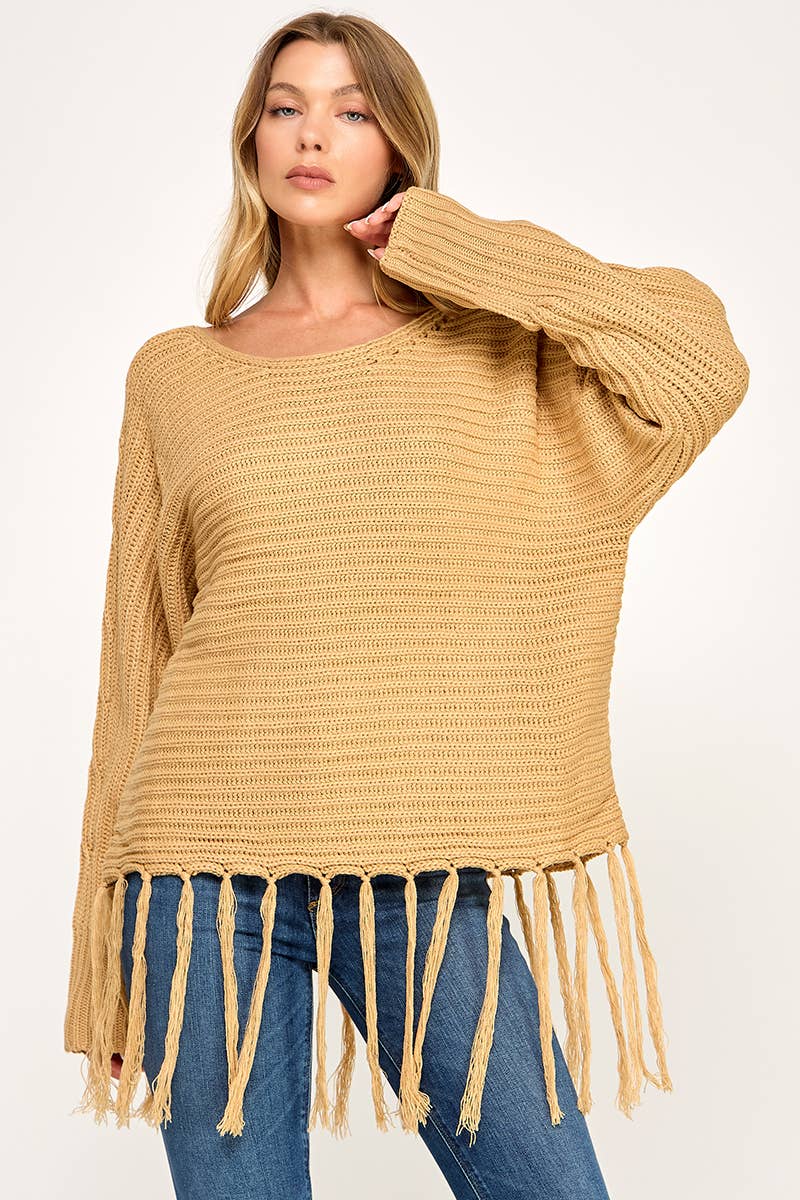 IT3453 - LONG SLEEVE SOLID BOAT NECK SWEATER WITH FRINGE