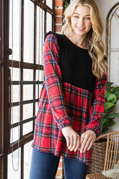 ET6757-13 SOLID AND MULTI COLOR PLAID BABYDOLL TOP