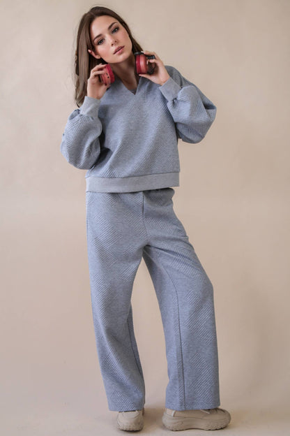 NT12404SET-Textured Knit Casual Comfy Top & Pants Set