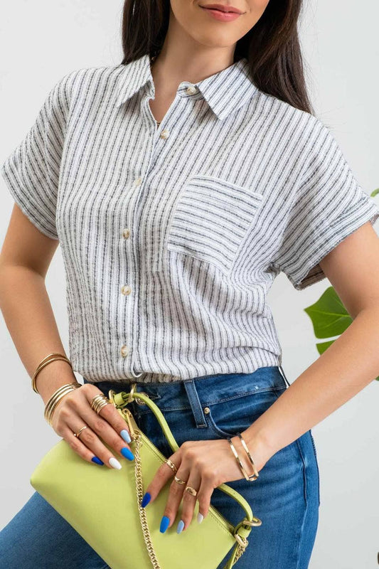 STRIPE COLLARED SHORT SLEEVE LINEN SHIRT: BLACK