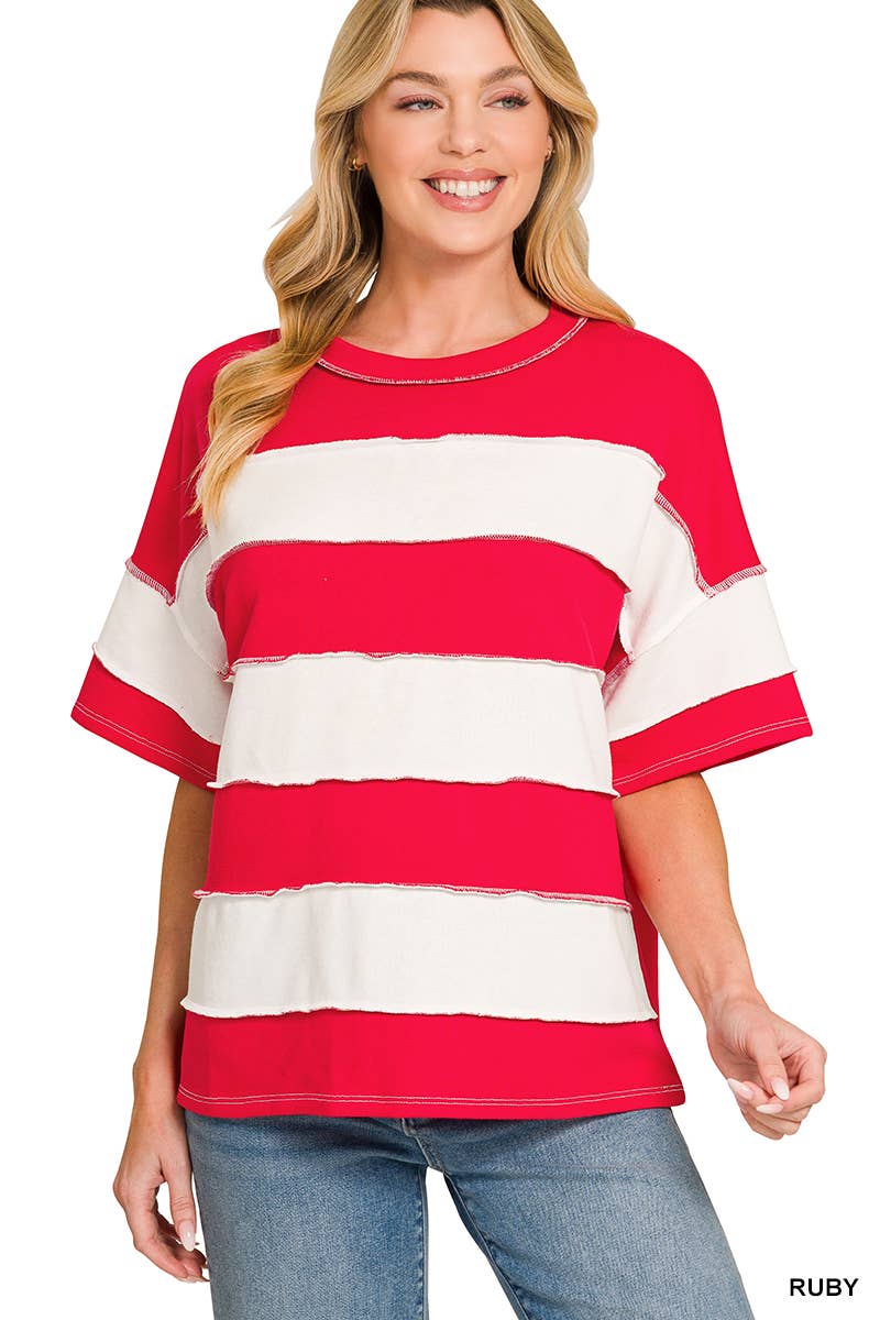 French Terry Striped Exposed Seam Top - Zenana
