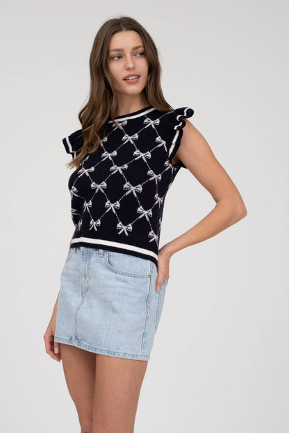BOW PATTERN RUFFLE SLEEVE SWEATER KNIT TOP: IVORY