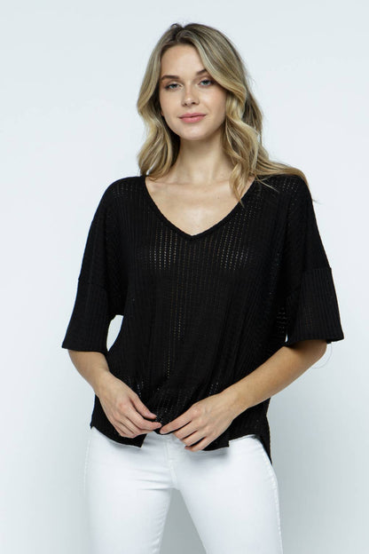 Solid Casual Comfy Waffle V-Neck Top: BLACK / S-M-L(2-2-2)