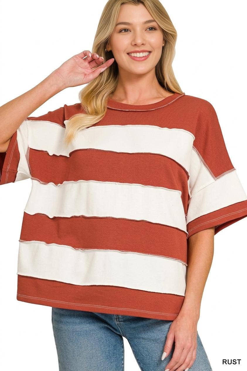 French Terry Striped Exposed Seam Top - Zenana