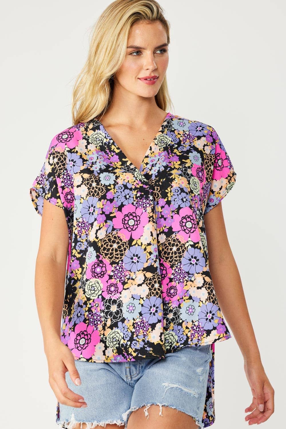 ST3611-E - FLORAL PRINT HI-LOW V NECK RELAXED FIT TOP