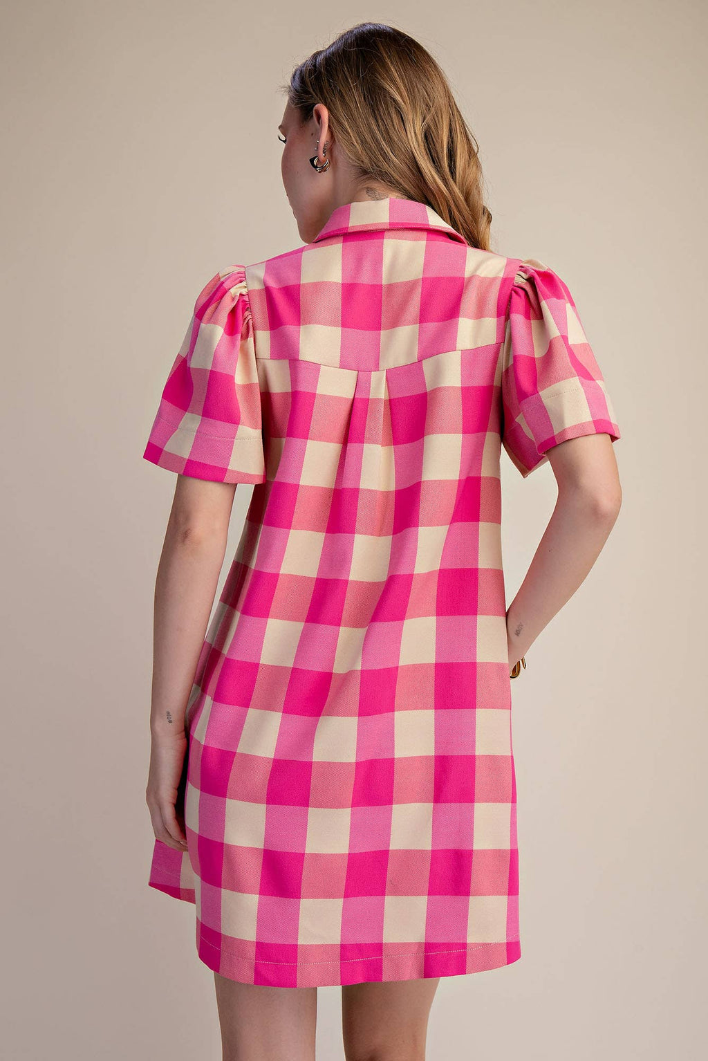 Checkered Mini Dress With Collar Neck Covered Button Down