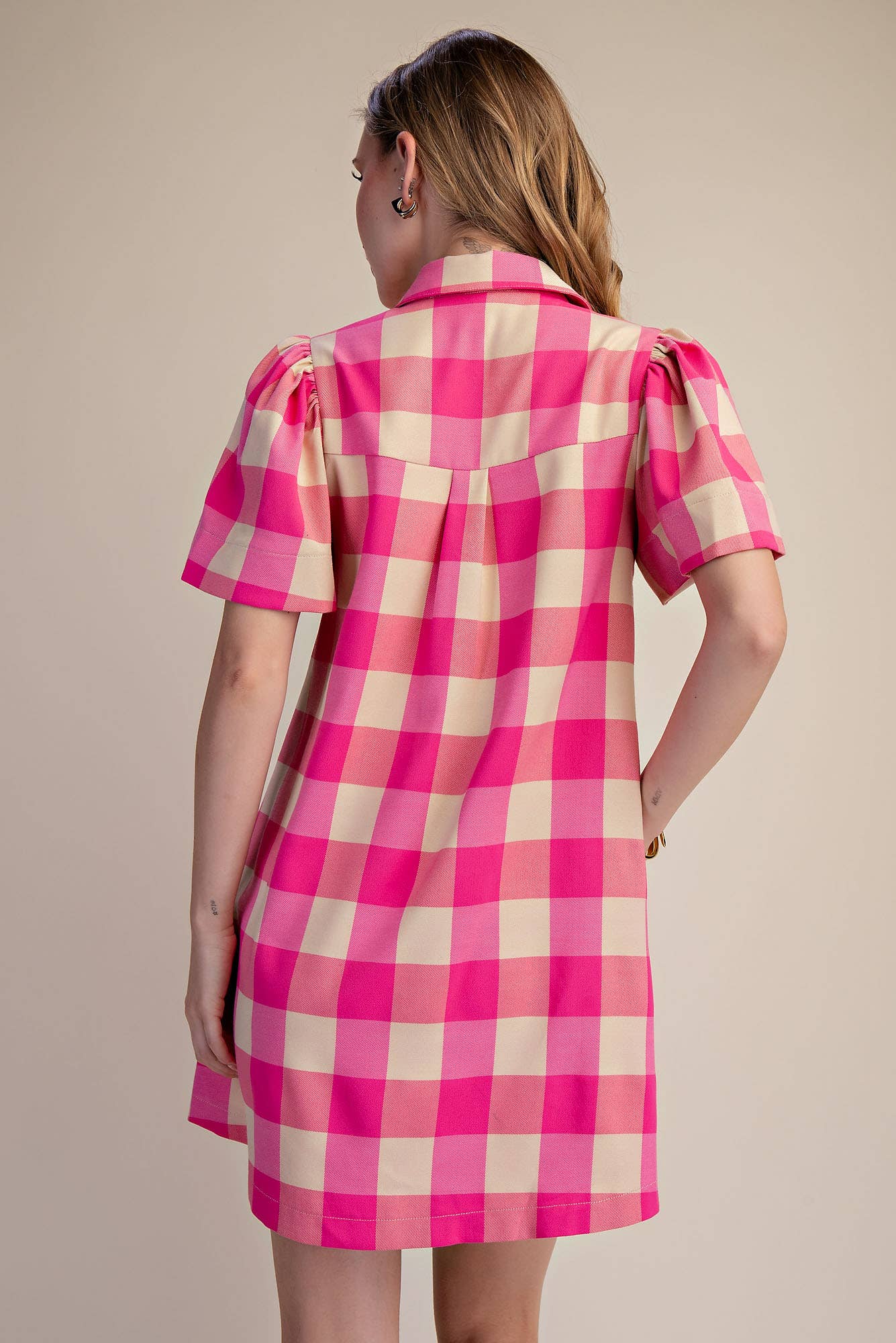 Checkered Mini Dress With Collar Neck Covered Button Down