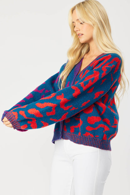 IJ1101 - LEOPARD COLOR BLOCK BUTTON DOWN SWEATER CARDIGAN