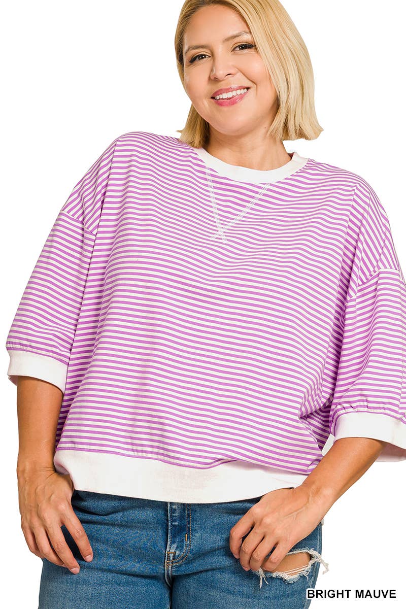 Plus Striped Rib Banded Short Sleeve Pullover
