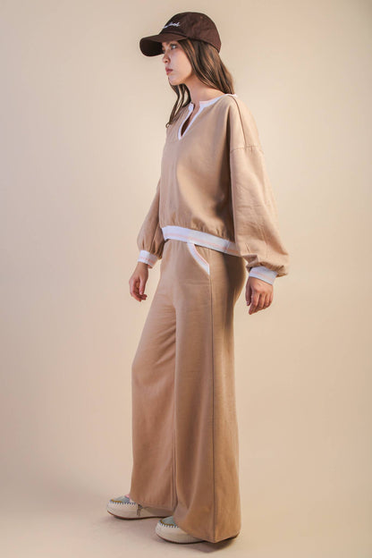 NT12382SET-Color Block Band Detail Comfy Knit Top & Pants Set