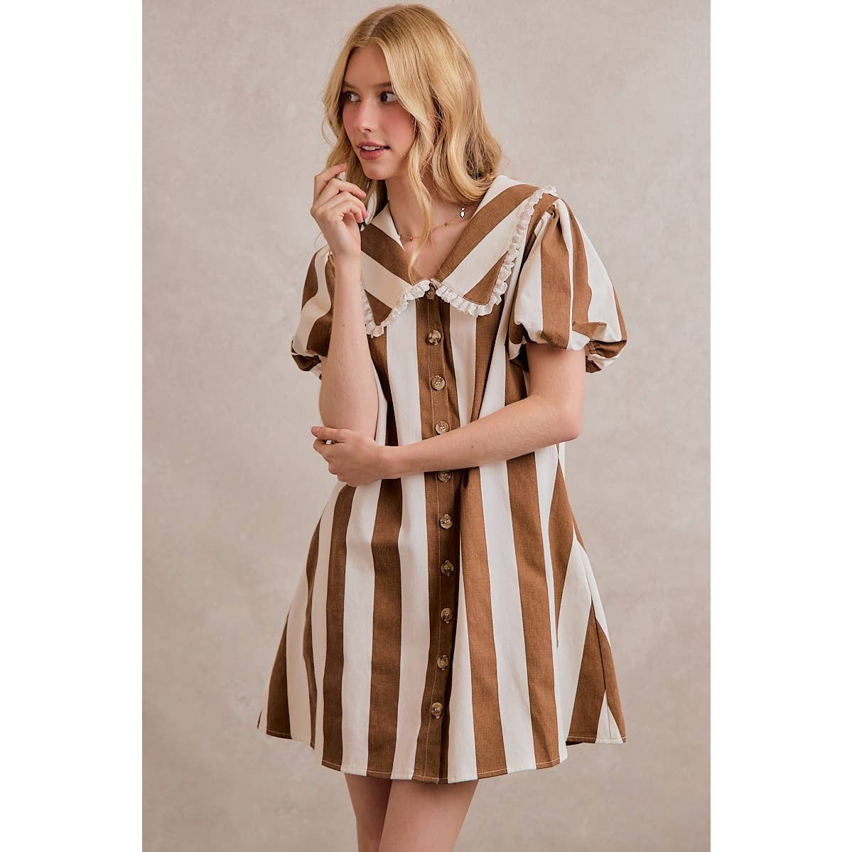 TWILL STRIPE PETER PAN COLLAR SHORT SLEEVE MINI DRESS