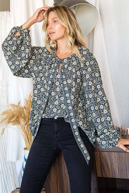 BORDER PRINT NECK TIE TOP