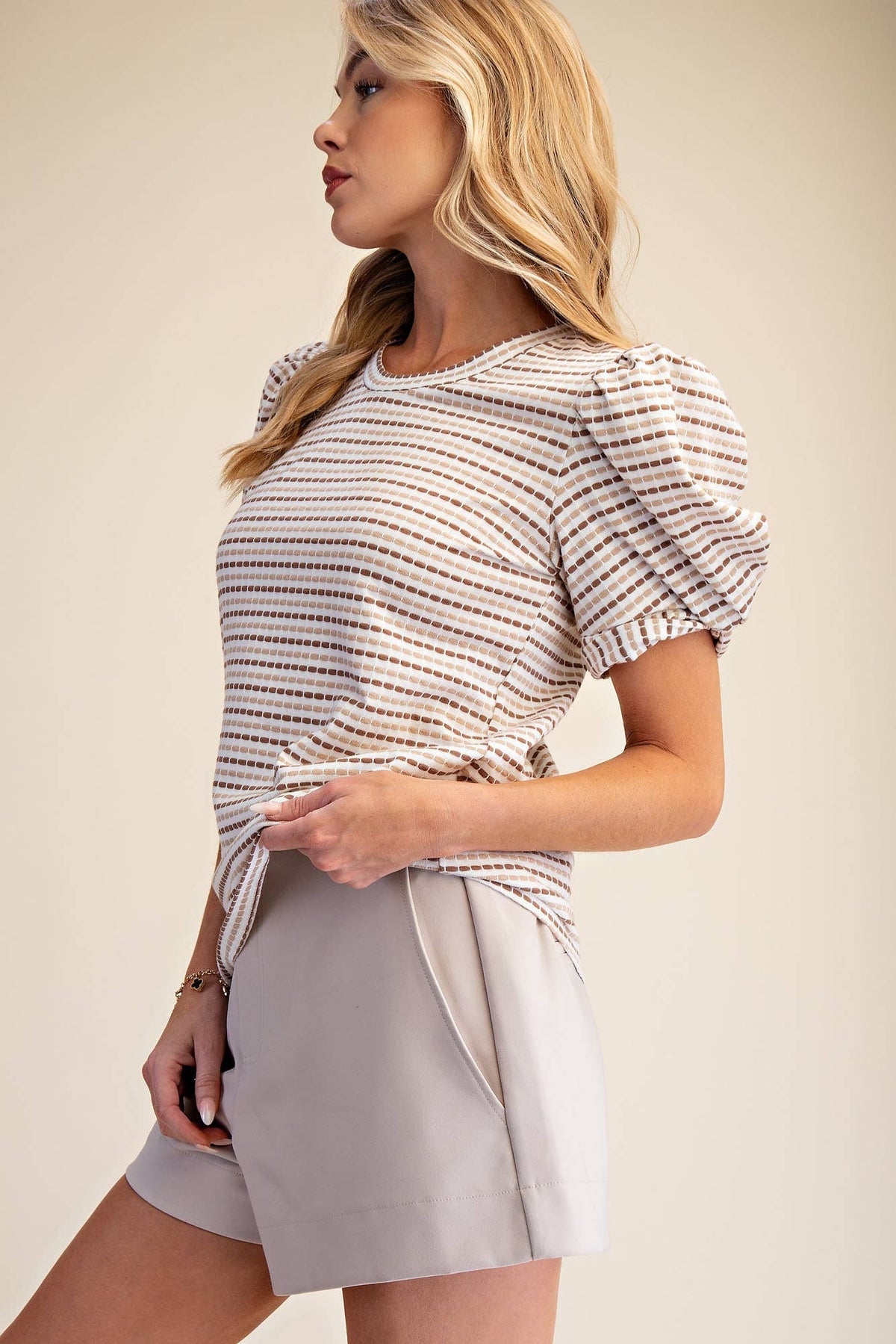 Round Neck Puff Sleeve Stripe Top