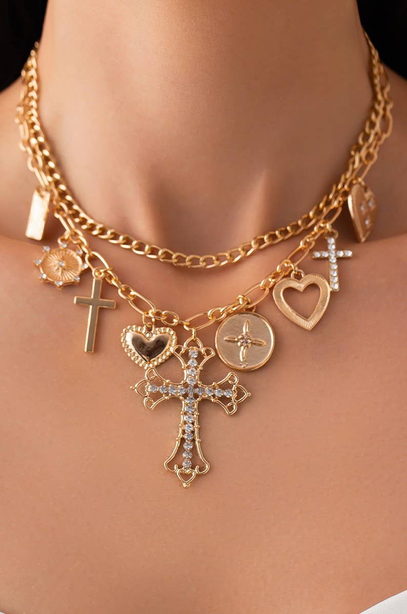 CHARM NECKLACE-MULTI CROSS CHARMS LAYERED NECKLACE | 40NK947