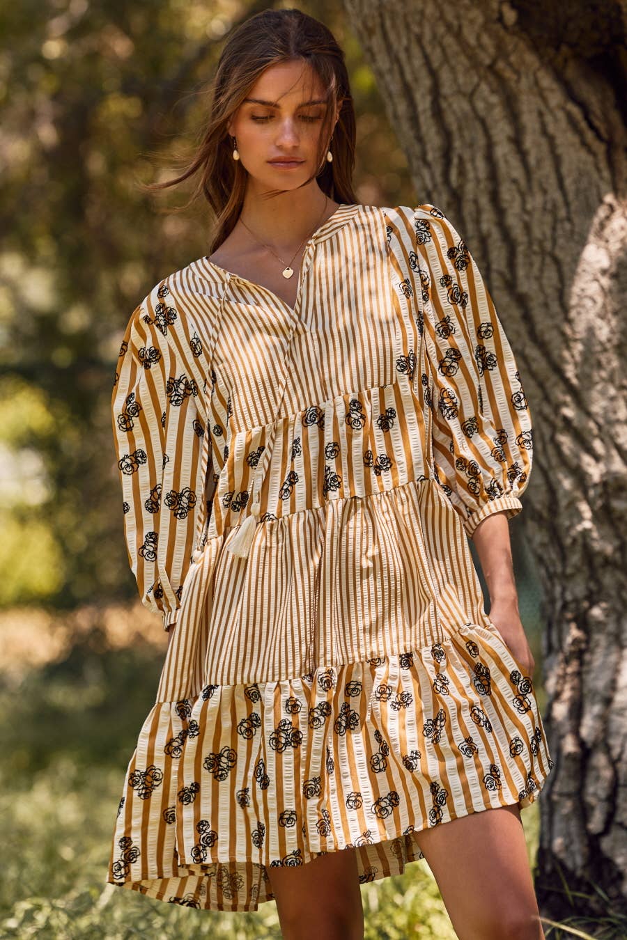 Plus Flocked Floral Striped Baby Doll Dress: Taupe Combo