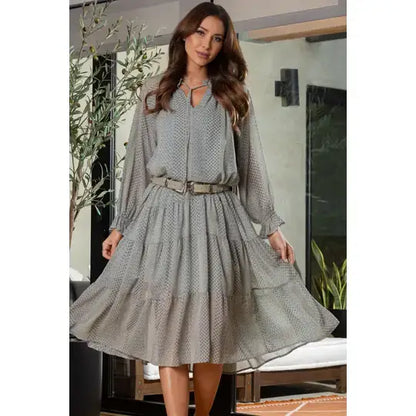 SAGE RUFFLED TIE NECK LONG SLEEVES MAXI DRESS D8205: SAGE / Contemporary / S