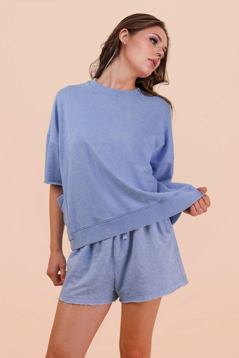 NT12429SETX-PLUS SIZE Mineral Washed Knit Casual Top & Shorts