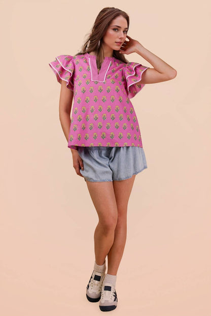 NT12444-Ruffle Sleeve Printed Woven Blouse Top