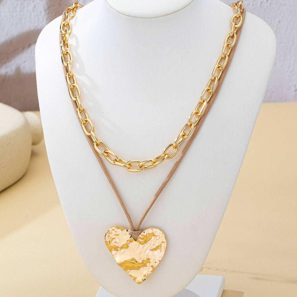 Hammered Heart Layered Cord Landyard Necklace | 80N93001