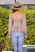 TAUPE DITSY FLORAL BISHOP SLEEVES SHIRRED TOP-IT32349: TAUPE / Contemporary / S