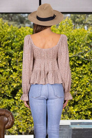 TAUPE DITSY FLORAL BISHOP SLEEVES SHIRRED TOP-IT32349: TAUPE / Contemporary / S