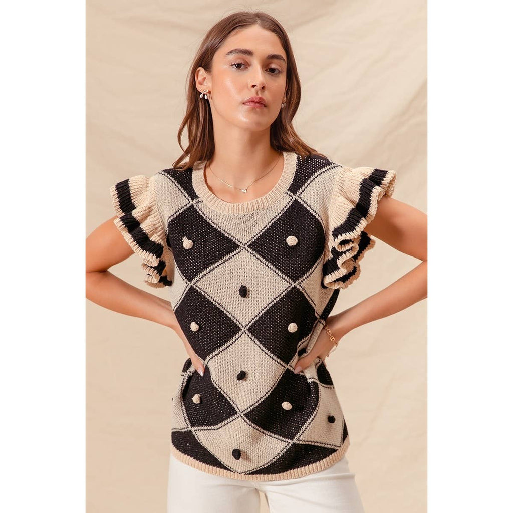 ARGYLE PATTER SWEATER TOP WITH RUFFLED SLEEVES