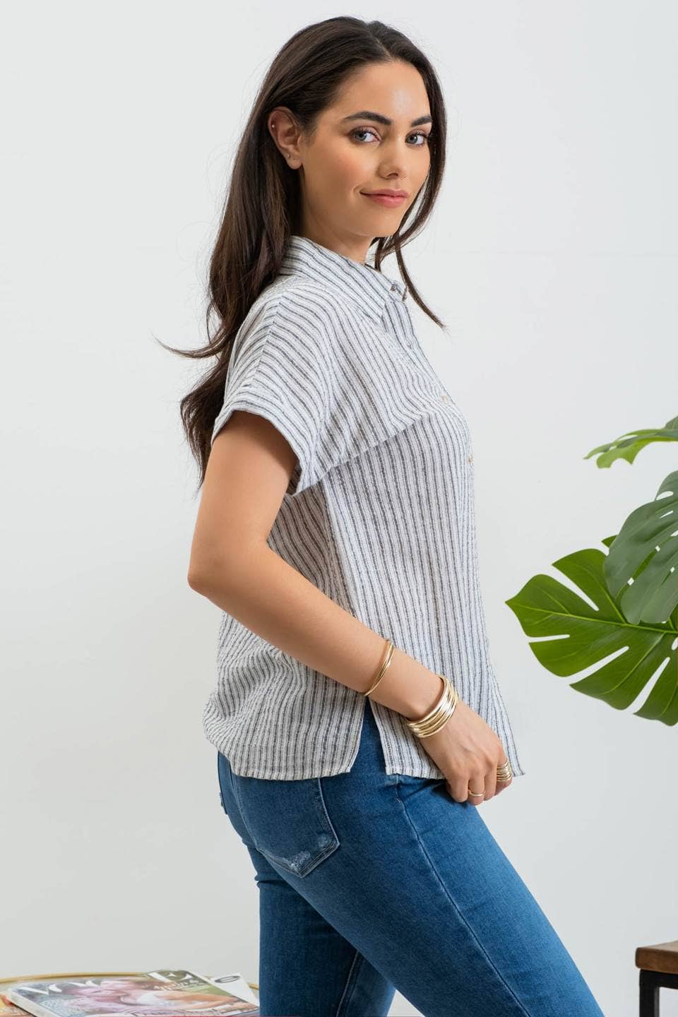 STRIPE COLLARED SHORT SLEEVE LINEN SHIRT: BLACK