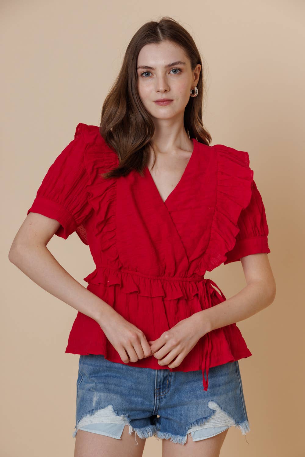 Textured Cotton Surpliced Puff Short Sleeve Ruffle Top