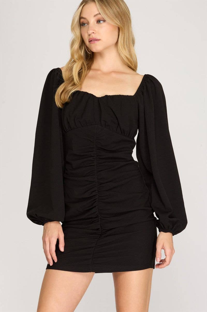 BLACK HEAVY TEXTURED RUCHED SKIRT FRONT DETAIL MINI DRESS : Black / Contemporary / S