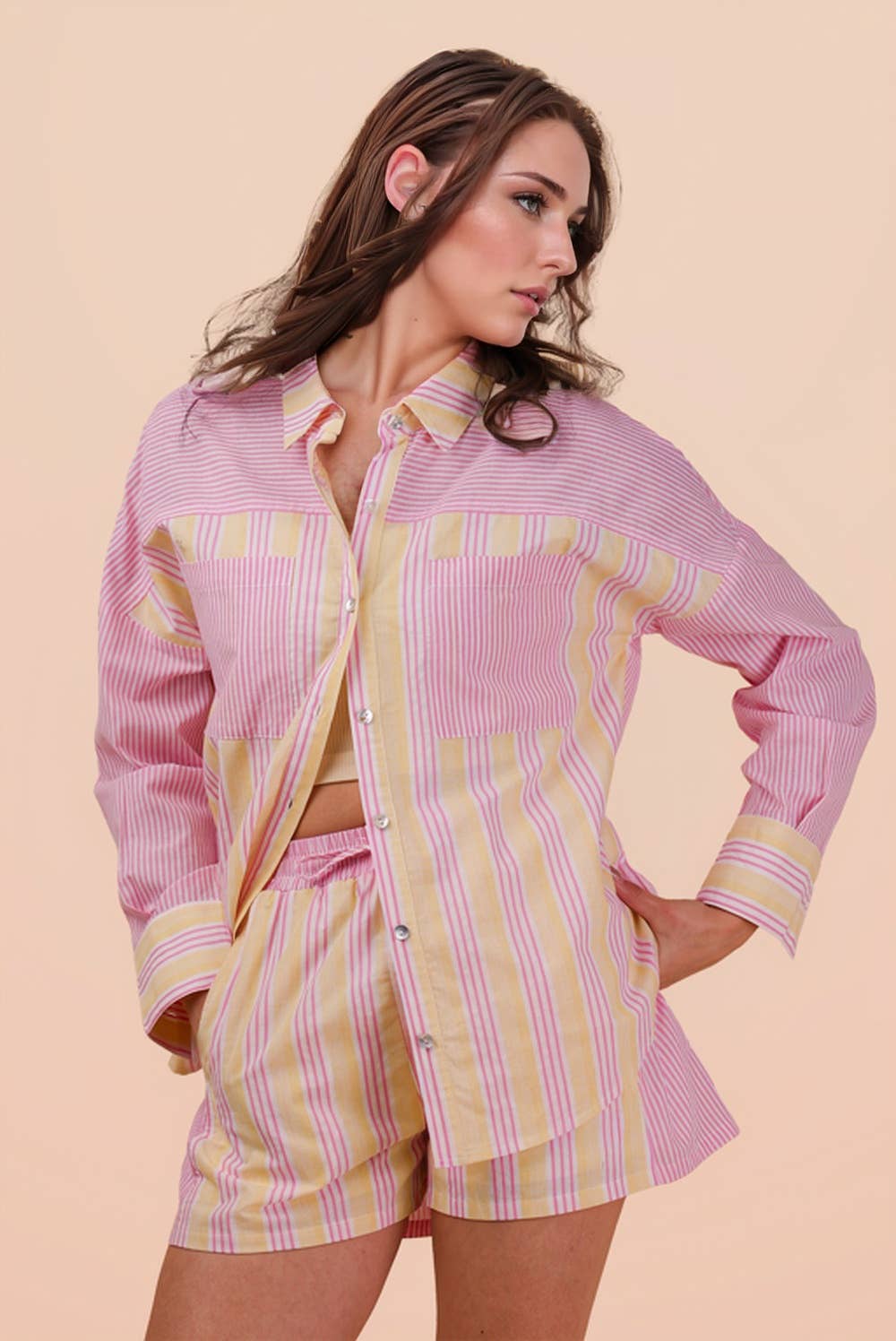 NT12497SETX-PLUS SIZE Stripe Woven Shirt Top & Shorts Set