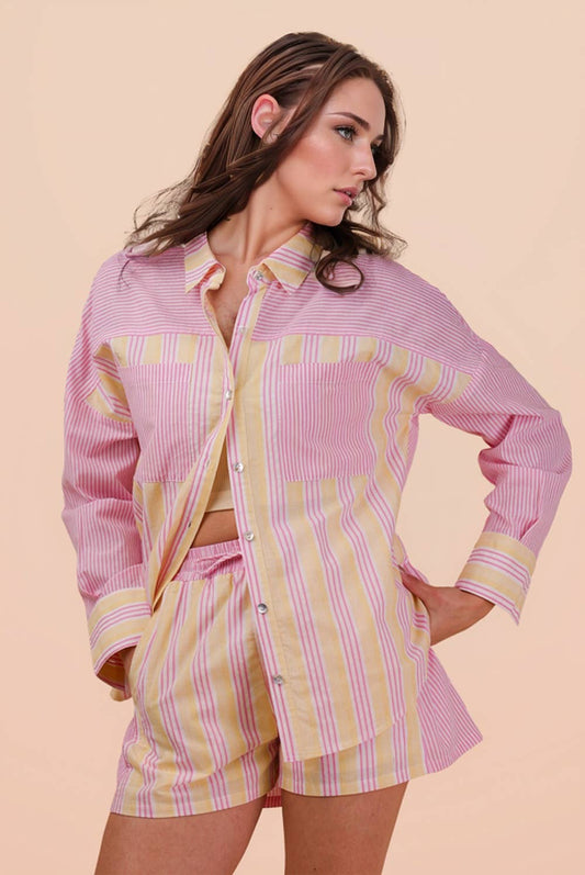 NT12497SETX-PLUS SIZE Stripe Woven Shirt Top & Shorts Set