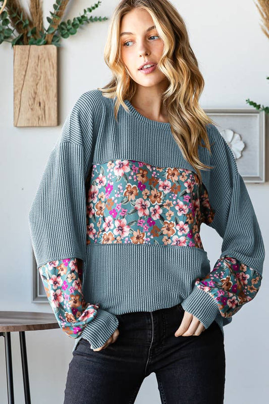 ET7383-15 LONG PUFF SLEEVE SOLID URBAN RIBBED AND FLORAL TOP: OLIVE VINTAGE / 2-2-2 (1X-2X-3X)