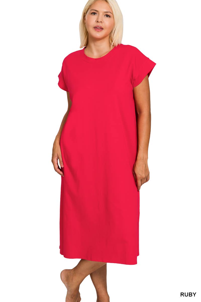 0624 Plus Round Neck Short Sleeve Midi Dress w/ Side Slit SI-2728