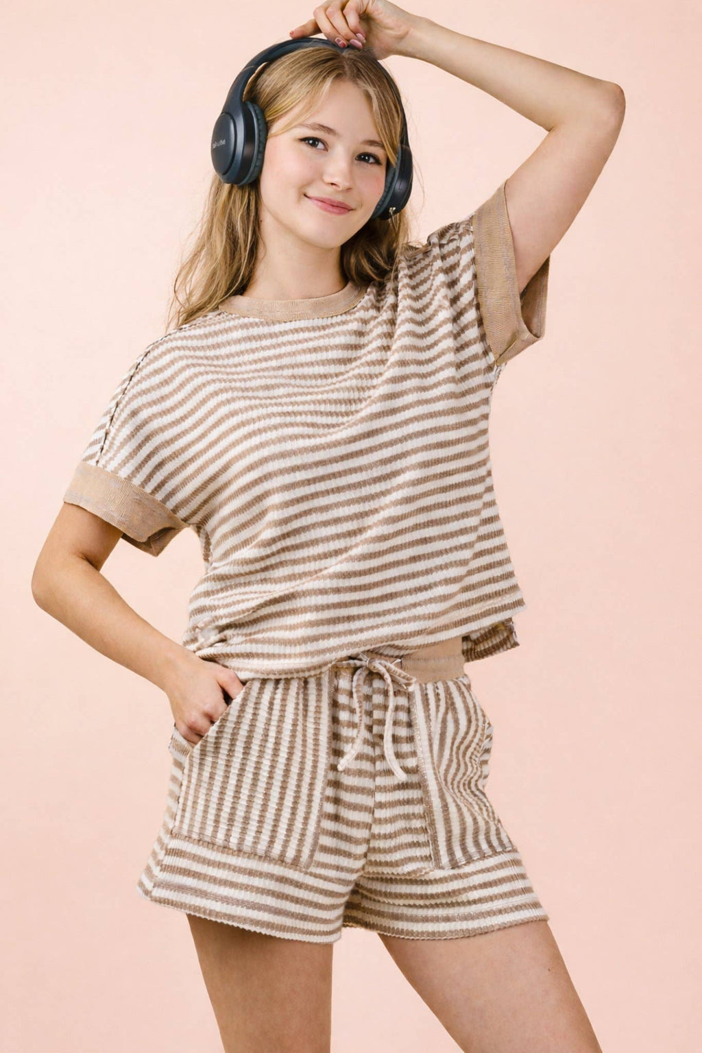 NT12480SET-Striped Comfy Knit Top & Shorts Set