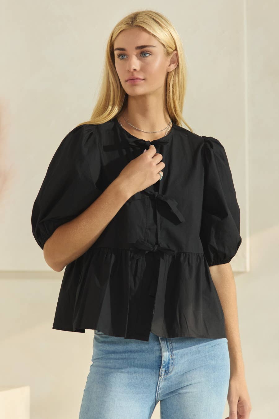 Solid Cotton Poplin Front Tie Ribbon Blouse: Burgundy / L