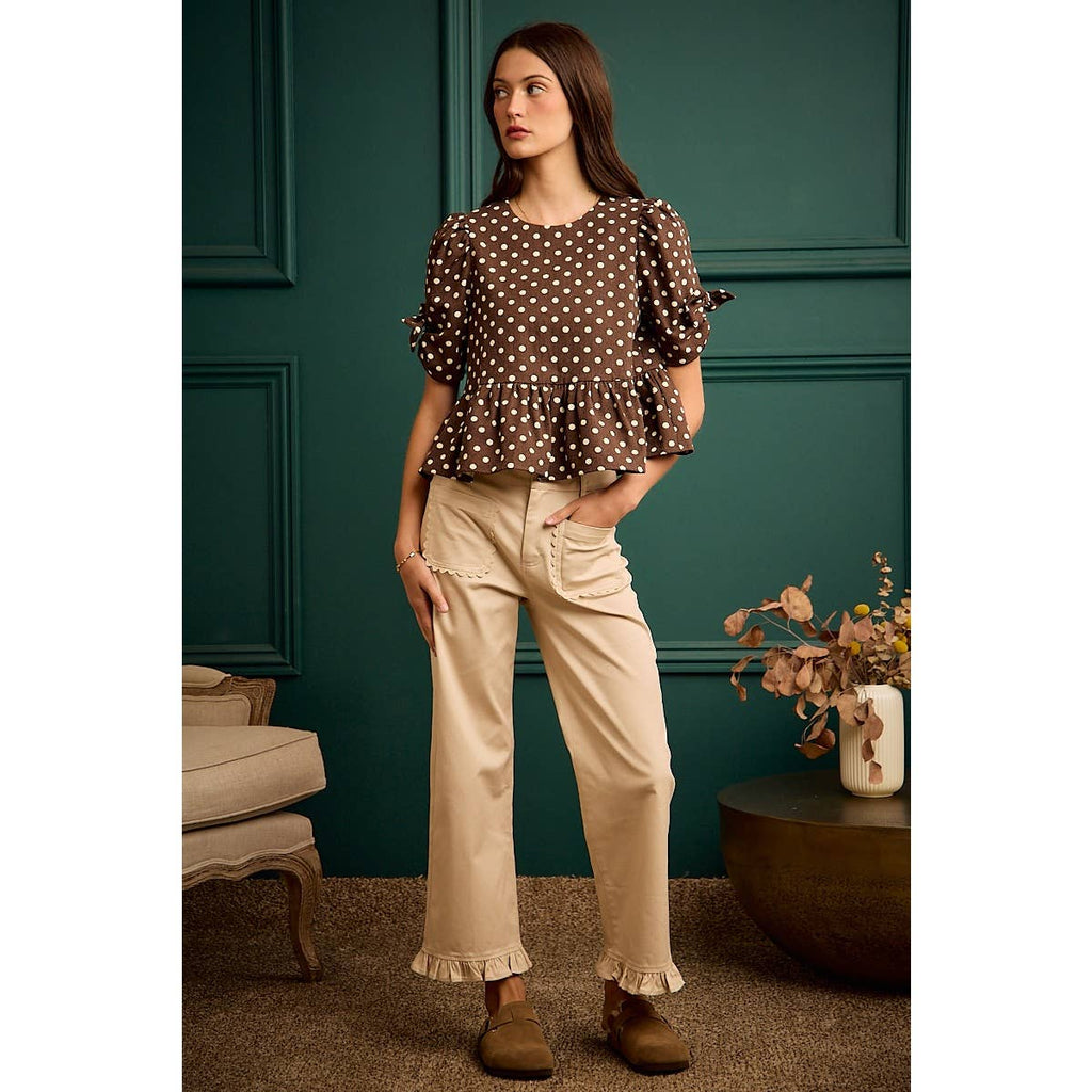 MID RISES CALLOP TRIM PATCH POCKET RUFFLED BOTTOM PANTS