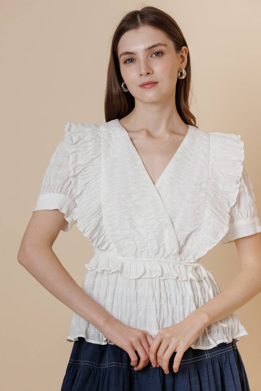 Textured Cotton Surpliced Puff Short Sleeve Ruffle Top