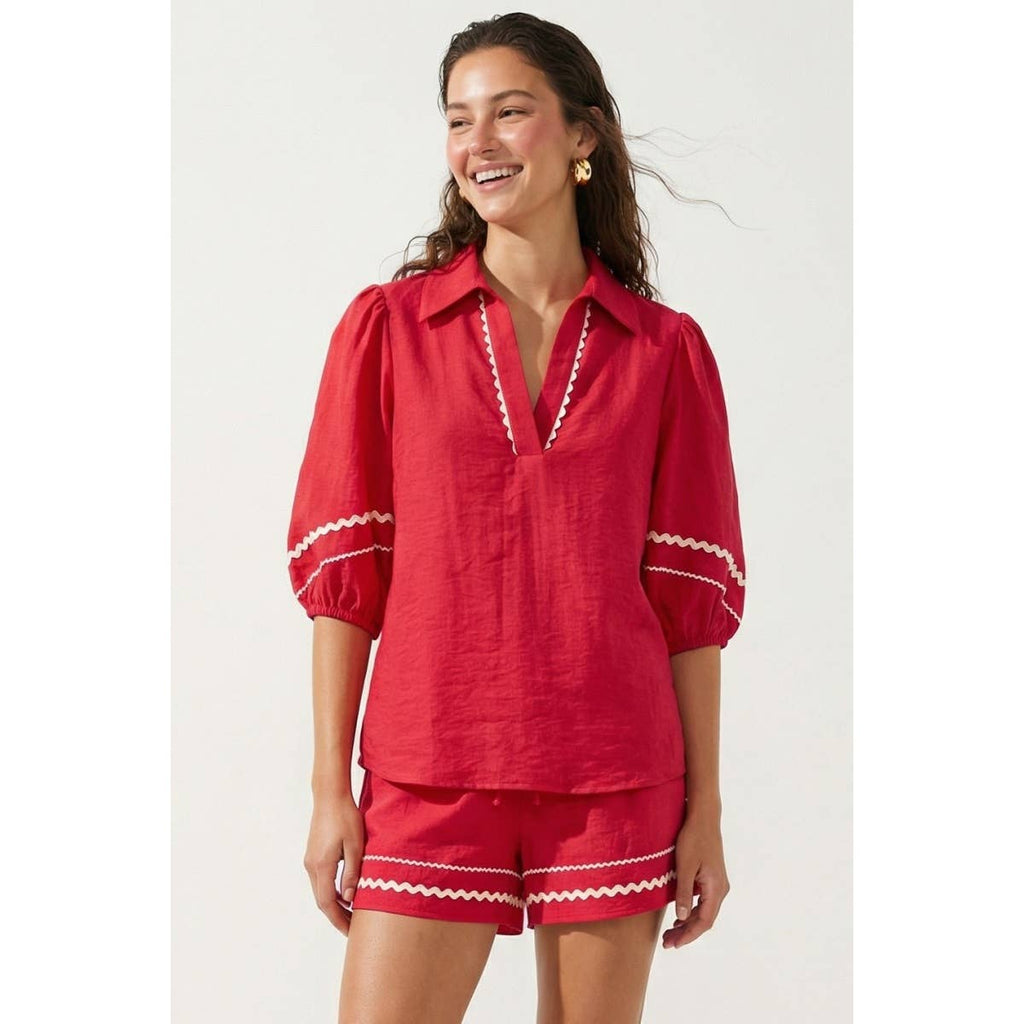 Contrast Trim Puff Sleeve Linen Blouse