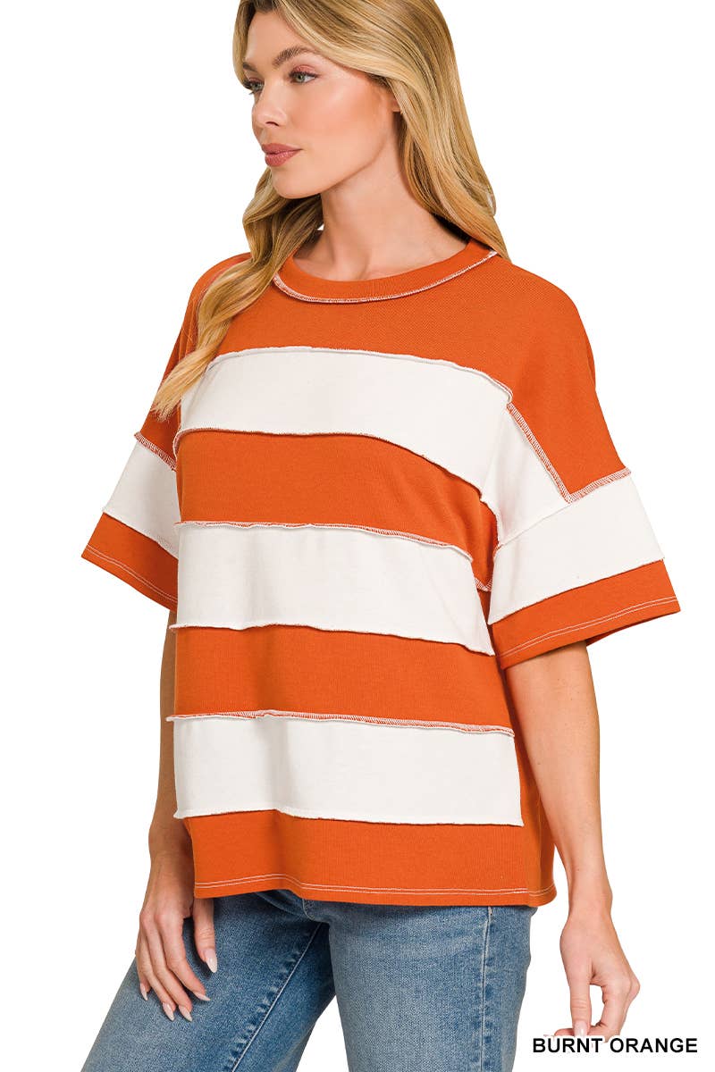 French Terry Striped Exposed Seam Top - Zenana