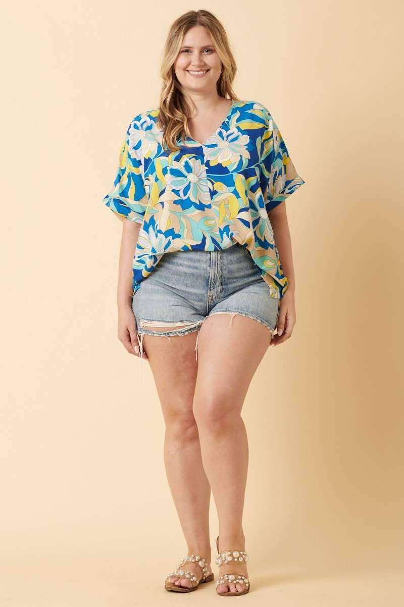 T10053PLG-PLUS LARGE FLOWER PRINT DOLMAN TOP
