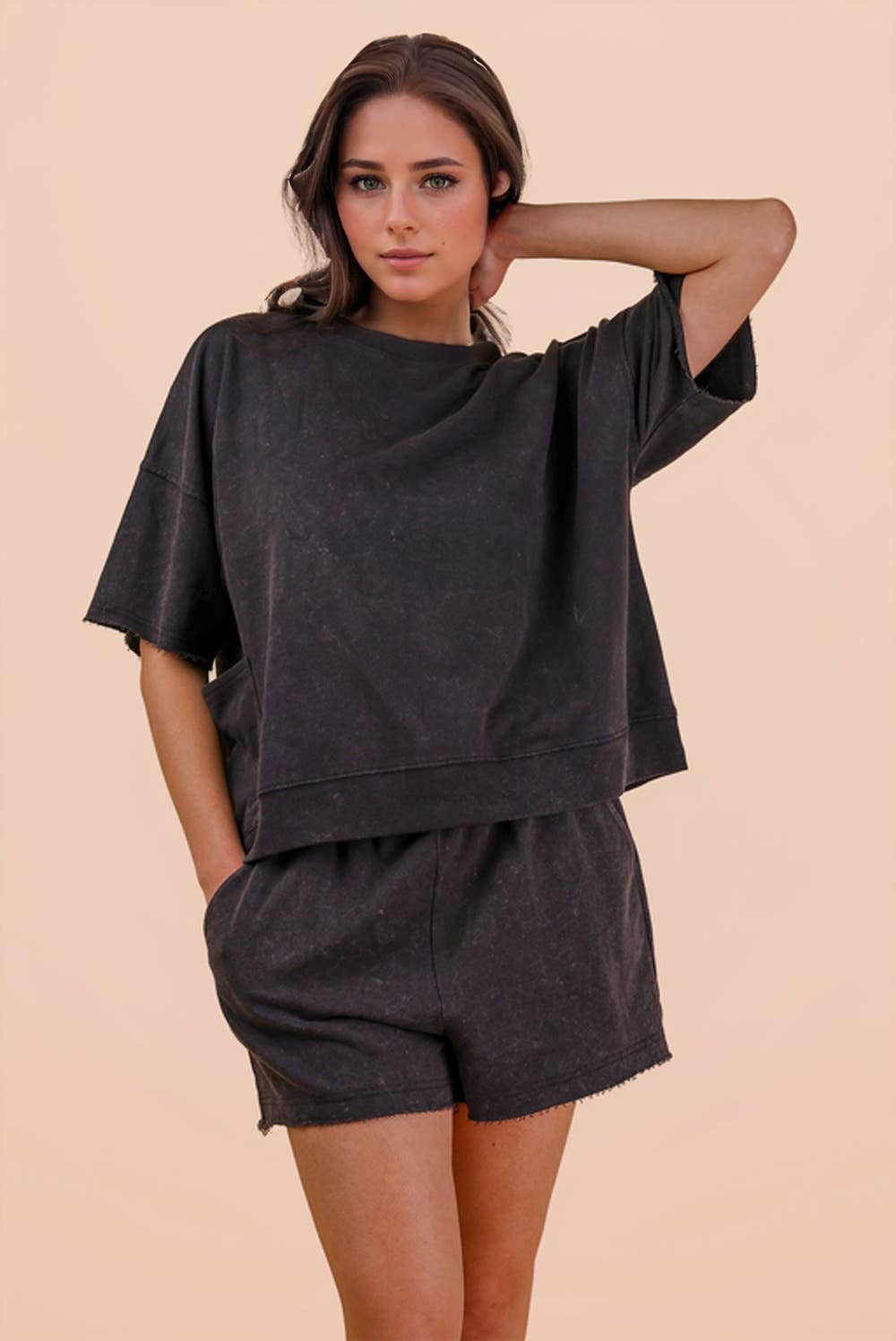 NT12429SETX-PLUS SIZE Mineral Washed Knit Casual Top & Shorts