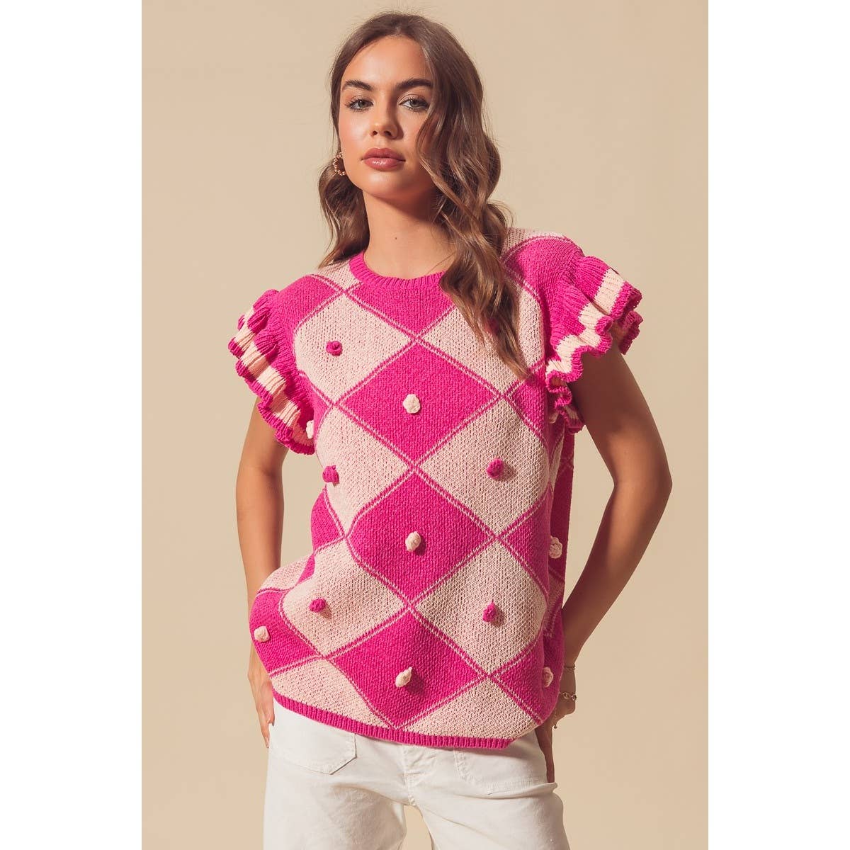 ARGYLE PATTER SWEATER TOP WITH RUFFLED SLEEVES